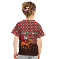 Morocco Christmas Kid T Shirt with Santa Claus Camel Caravan Desert Scene and Red Pattern Design - Wonder Print Shop