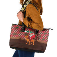Morocco Christmas Leather Tote Bag with Santa Claus Camel Caravan Desert Scene and Red Pattern Design - Wonder Print Shop