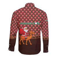 Morocco Christmas Long Sleeve Button Shirt with Santa Claus Camel Caravan Desert Scene and Red Pattern Design - Wonder Print Shop