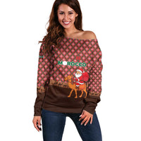 Morocco Christmas Off Shoulder Sweater with Santa Claus Camel Caravan Desert Scene and Red Pattern Design - Wonder Print Shop