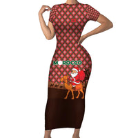 Morocco Christmas Short Sleeve Bodycon Dress with Santa Claus Camel Caravan Desert Scene and Red Pattern Design - Wonder Print Shop