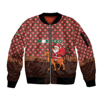 Morocco Christmas Sleeve Zip Bomber Jacket with Santa Claus Camel Caravan Desert Scene and Red Pattern Design - Wonder Print Shop