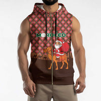 Morocco Christmas Sleeveless Zip Hoodie with Santa Claus Camel Caravan Desert Scene and Red Pattern Design - Wonder Print Shop