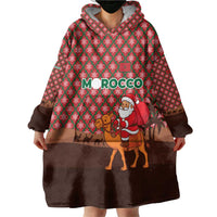 Morocco Christmas Wearable Blanket Hoodie with Santa Claus Camel Caravan Desert Scene and Red Pattern Design - Wonder Print Shop