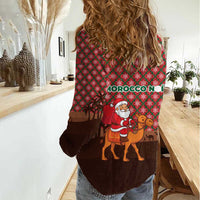 Morocco Christmas Women Casual Shirt with Santa Claus Camel Caravan Desert Scene and Red Pattern Design - Wonder Print Shop