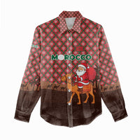 Morocco Christmas Women Casual Shirt with Santa Claus Camel Caravan Desert Scene and Red Pattern Design - Wonder Print Shop