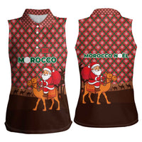 Morocco Christmas Women Sleeveless Polo Shirt with Santa Claus Camel Caravan Desert Scene and Red Pattern Design - Wonder Print Shop