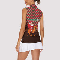 Morocco Christmas Women Sleeveless Polo Shirt with Santa Claus Camel Caravan Desert Scene and Red Pattern Design - Wonder Print Shop