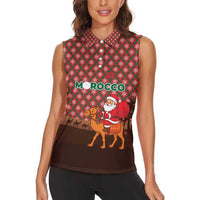 Morocco Christmas Women Sleeveless Polo Shirt with Santa Claus Camel Caravan Desert Scene and Red Pattern Design - Wonder Print Shop