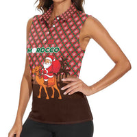 Morocco Christmas Women Sleeveless Polo Shirt with Santa Claus Camel Caravan Desert Scene and Red Pattern Design - Wonder Print Shop