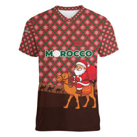 Morocco Christmas Women V-Neck T-Shirt with Santa Claus Camel Caravan Desert Scene and Red Pattern Design - Wonder Print Shop
