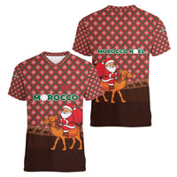 Morocco Christmas Women V-Neck T-Shirt with Santa Claus Camel Caravan Desert Scene and Red Pattern Design - Wonder Print Shop