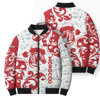 Morocco Christmas Bomber Puffer Jacket with Red Horse Santa Hat Arabesque Pattern and Holiday Icons Design - Wonder Print Shop