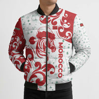 Morocco Christmas Bomber Puffer Jacket with Red Horse Santa Hat Arabesque Pattern and Holiday Icons Design - Wonder Print Shop