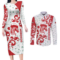 Morocco Christmas Couples Matching Long Sleeve Bodycon Dress and Long Sleeve Button Shirt with Red Horse Santa Hat Arabesque Pattern and Holiday Icons Design - Wonder Print Shop
