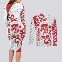 Morocco Christmas Couples Matching Long Sleeve Bodycon Dress and Long Sleeve Button Shirt with Red Horse Santa Hat Arabesque Pattern and Holiday Icons Design - Wonder Print Shop