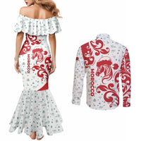 Morocco Christmas Couples Matching Mermaid Dress and Long Sleeve Button Shirt with Red Horse Santa Hat Arabesque Pattern and Holiday Icons Design - Wonder Print Shop