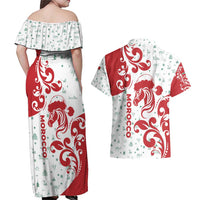 Morocco Christmas Couples Matching Off Shoulder Maxi Dress and Hawaiian Shirt with Red Horse Santa Hat Arabesque Pattern and Holiday Icons Design - Wonder Print Shop