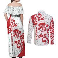 Morocco Christmas Couples Matching Off Shoulder Maxi Dress and Long Sleeve Button Shirt with Red Horse Santa Hat Arabesque Pattern and Holiday Icons Design - Wonder Print Shop