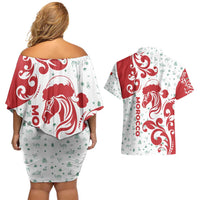 Morocco Christmas Couples Matching Off Shoulder Short Dress and Hawaiian Shirt with Red Horse Santa Hat Arabesque Pattern and Holiday Icons Design - Wonder Print Shop