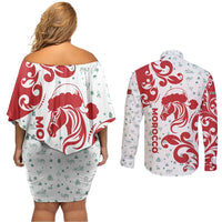 Morocco Christmas Couples Matching Off Shoulder Short Dress and Long Sleeve Button Shirt with Red Horse Santa Hat Arabesque Pattern and Holiday Icons Design - Wonder Print Shop