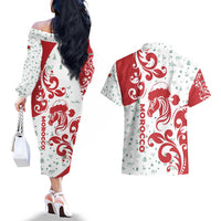 Morocco Christmas Couples Matching Off The Shoulder Long Sleeve Dress and Hawaiian Shirt with Red Horse Santa Hat Arabesque Pattern and Holiday Icons Design - Wonder Print Shop