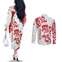 Morocco Christmas Couples Matching Off The Shoulder Long Sleeve Dress and Long Sleeve Button Shirt with Red Horse Santa Hat Arabesque Pattern and Holiday Icons Design - Wonder Print Shop