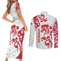 Morocco Christmas Couples Matching Short Sleeve Bodycon Dress and Long Sleeve Button Shirt with Red Horse Santa Hat Arabesque Pattern and Holiday Icons Design - Wonder Print Shop
