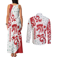 Morocco Christmas Couples Matching Tank Maxi Dress and Long Sleeve Button Shirt with Red Horse Santa Hat Arabesque Pattern and Holiday Icons Design - Wonder Print Shop
