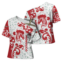 Morocco Christmas Cross Shoulder Shirt with Red Horse Santa Hat Arabesque Pattern and Holiday Icons Design - Wonder Print Shop
