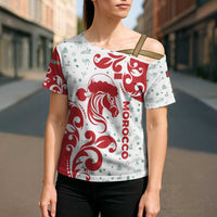 Morocco Christmas Cross Shoulder Shirt with Red Horse Santa Hat Arabesque Pattern and Holiday Icons Design - Wonder Print Shop