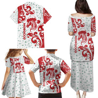 Morocco Christmas Family Matching Puletasi and Hawaiian Shirt with Red Horse Santa Hat Arabesque Pattern and Holiday Icons Design - Wonder Print Shop