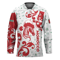 Morocco Christmas Hockey Jersey with Red Horse Santa Hat Arabesque Pattern and Holiday Icons Design - Wonder Print Shop