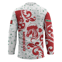 Morocco Christmas Hockey Jersey with Red Horse Santa Hat Arabesque Pattern and Holiday Icons Design - Wonder Print Shop