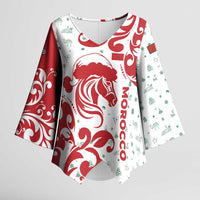 Morocco Christmas Kimono Sleeve Blouse with Red Horse Santa Hat Arabesque Pattern and Holiday Icons Design - Wonder Print Shop