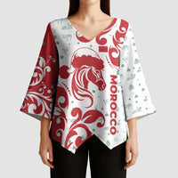 Morocco Christmas Kimono Sleeve Blouse with Red Horse Santa Hat Arabesque Pattern and Holiday Icons Design - Wonder Print Shop