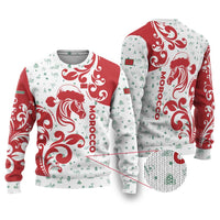 Morocco Christmas Ugly Christmas Sweater with Red Horse Santa Hat Arabesque Pattern and Holiday Icons Design - Wonder Print Shop