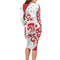 Morocco Christmas Long Sleeve Bodycon Dress with Red Horse Santa Hat Arabesque Pattern and Holiday Icons Design - Wonder Print Shop