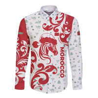 Morocco Christmas Long Sleeve Button Shirt with Red Horse Santa Hat Arabesque Pattern and Holiday Icons Design - Wonder Print Shop