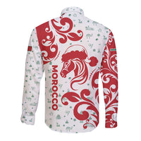 Morocco Christmas Long Sleeve Button Shirt with Red Horse Santa Hat Arabesque Pattern and Holiday Icons Design - Wonder Print Shop