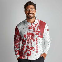 Morocco Christmas Long Sleeve Polo Shirt with Red Horse Santa Hat Arabesque Pattern and Holiday Icons Design - Wonder Print Shop