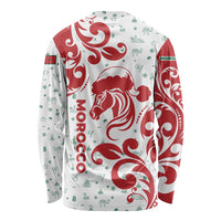Morocco Christmas Long Sleeve Shirt with Red Horse Santa Hat Arabesque Pattern and Holiday Icons Design - Wonder Print Shop