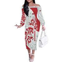Morocco Christmas Off The Shoulder Long Sleeve Dress with Red Horse Santa Hat Arabesque Pattern and Holiday Icons Design - Wonder Print Shop
