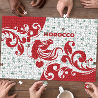 Morocco Christmas Puzzle with Red Horse Santa Hat Arabesque Pattern and Holiday Icons Design - Wonder Print Shop