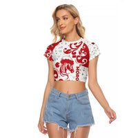 Morocco Christmas Raglan Cropped T Shirt with Red Horse Santa Hat Arabesque Pattern and Holiday Icons Design - Wonder Print Shop