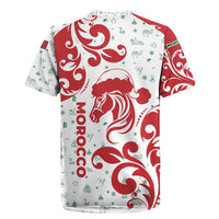 Morocco Christmas Rugby Jersey with Red Horse Santa Hat Arabesque Pattern and Holiday Icons Design - Wonder Print Shop