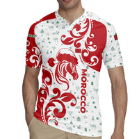 Morocco Christmas Rugby Jersey with Red Horse Santa Hat Arabesque Pattern and Holiday Icons Design - Wonder Print Shop