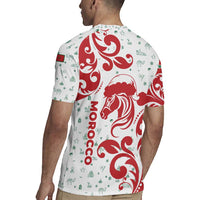Morocco Christmas Rugby Jersey with Red Horse Santa Hat Arabesque Pattern and Holiday Icons Design - Wonder Print Shop