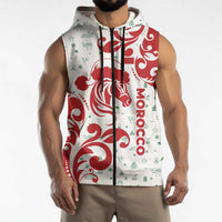 Morocco Christmas Sleeveless Zip Hoodie with Red Horse Santa Hat Arabesque Pattern and Holiday Icons Design - Wonder Print Shop
