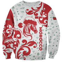 Morocco Christmas Sweatshirt with Red Horse Santa Hat Arabesque Pattern and Holiday Icons Design - Wonder Print Shop